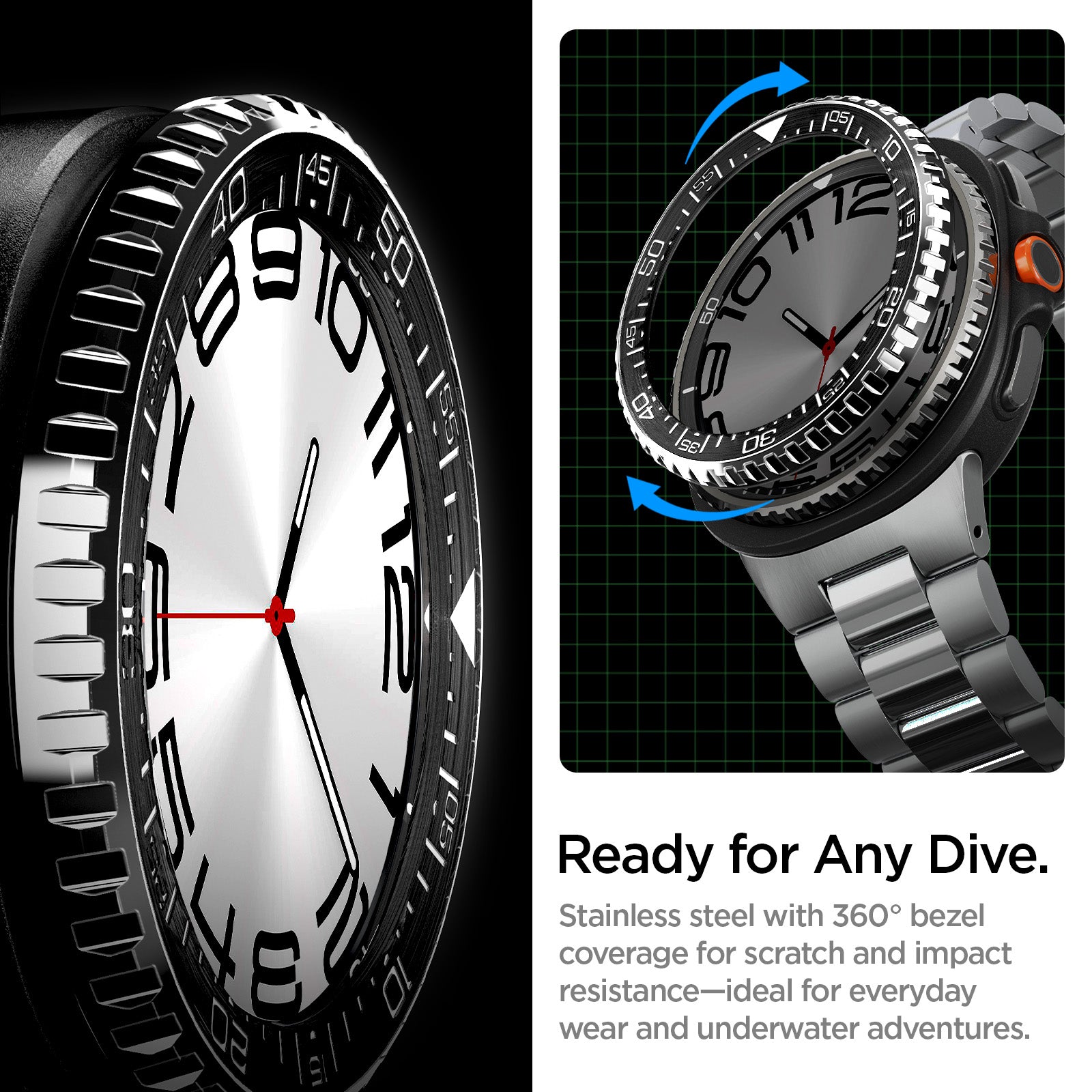 ACS10014 - Galaxy Watch 8 46mm Bezel Tune in black ready for any dive. stainless steel with 360 bezel coverage for scratch and impact resistance ideal for everyday wear and underwater adventures