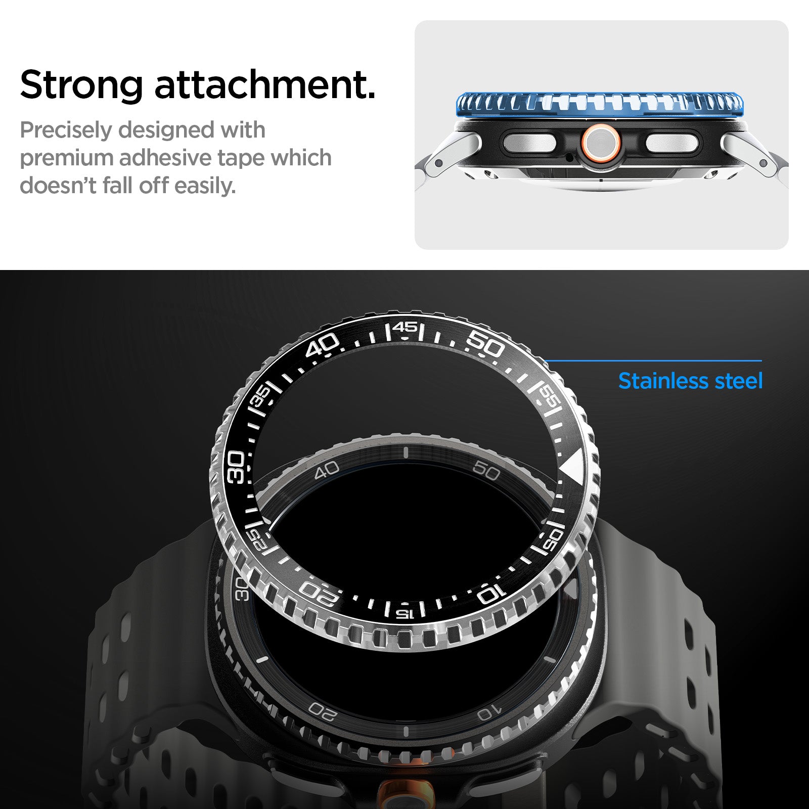 ACS10014 - Galaxy Watch 8 46mm Bezel Tune in black strong attachment precisely designed with premium adhesive tape which doesn't fall off easily. stainless steel.