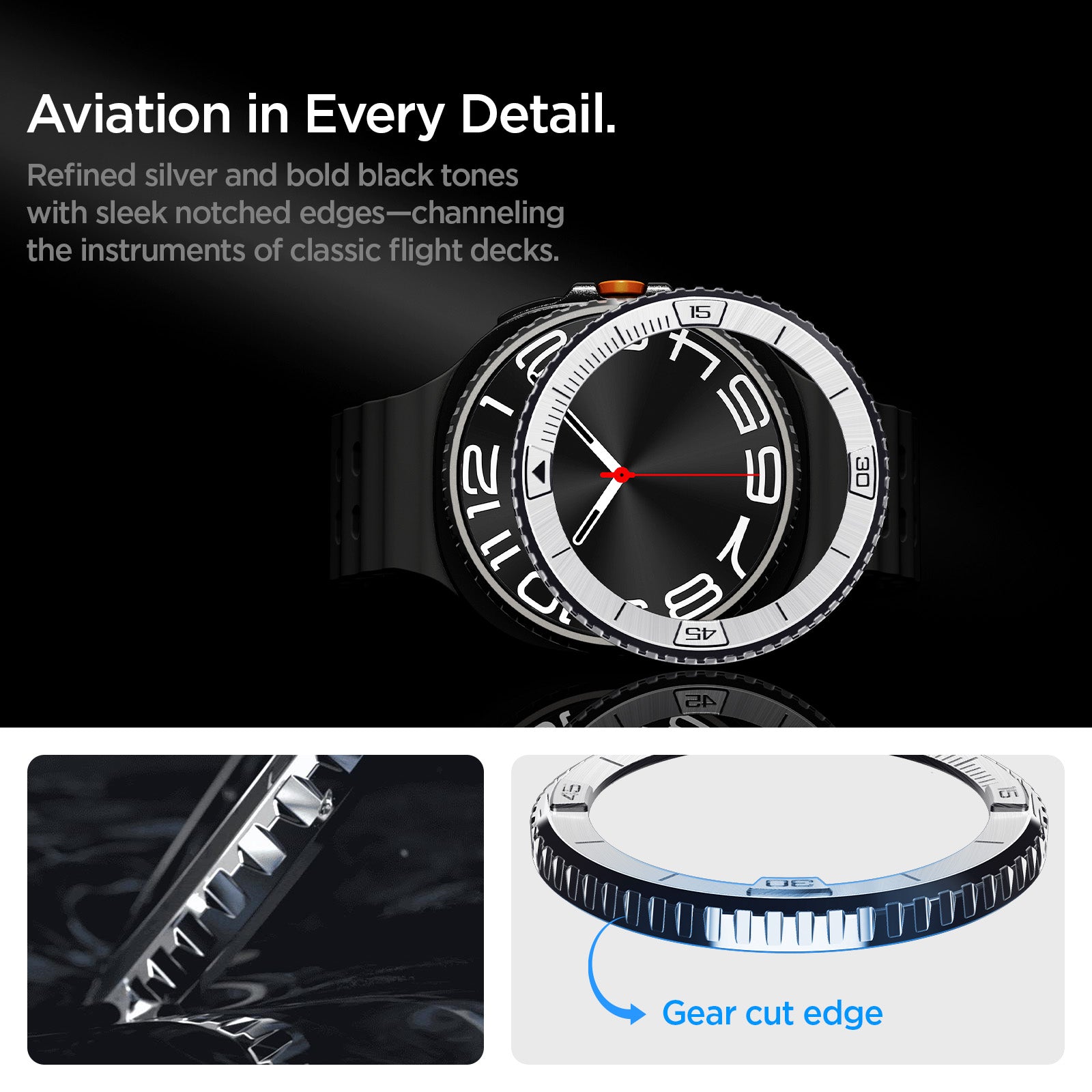 ACS10015 - Galaxy Watch 8 46mm Bezel Tune in sliver classic diver look, modern craft. black and sliver dual tone finish with signature gear cut edges echoes traditional diver watch style with premium shine. Gear cut edge.