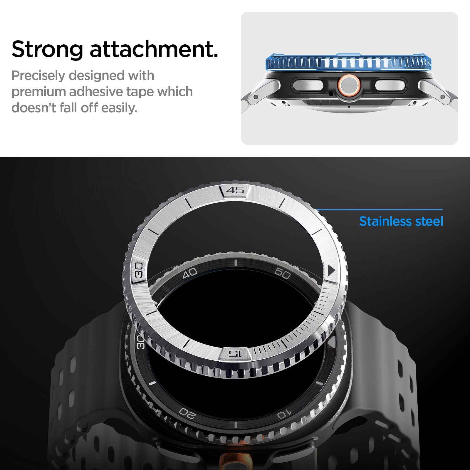 ACS10015 - Galaxy Watch 8 46mm Bezel Tune in sliver strong attachment precisely designed with premium adhesive tape which doesn't fall off easily. stainless steel.