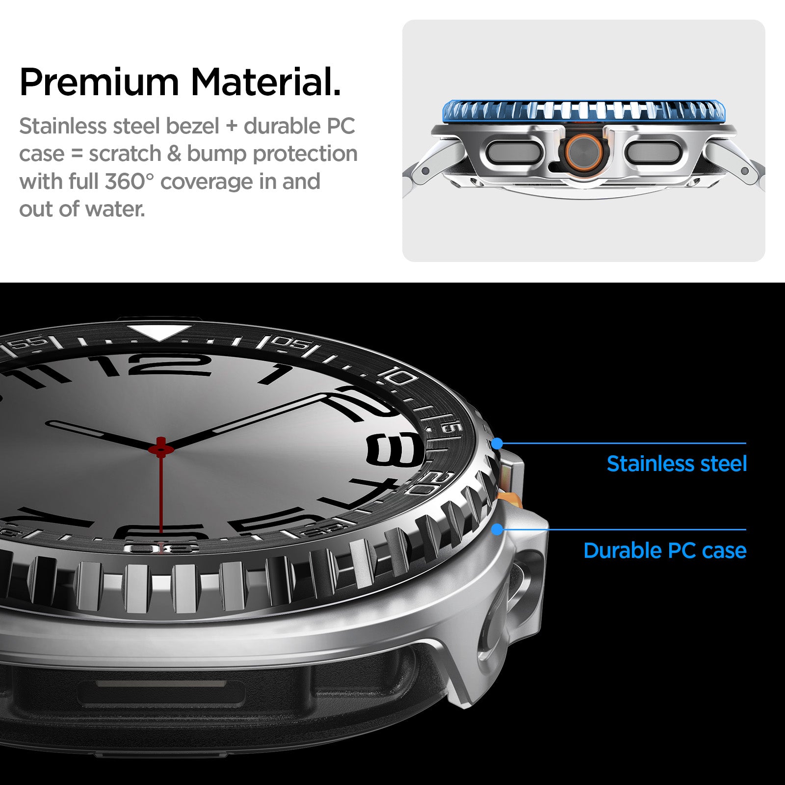 ACS10016 - Galaxy Watch 8 Bezel Tune Pro in black showing premium material, stainless steel bezel + durable pc case scratch and bump protection with full 360 coverage in and out of water