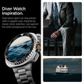 ACS10016 - Galaxy Watch 8 Bezel Tune Pro in black diver watch inspiration. high gloss gear cut ring paired with a rugged case, inspired by classic diver watches, set against he bold background of the sea.