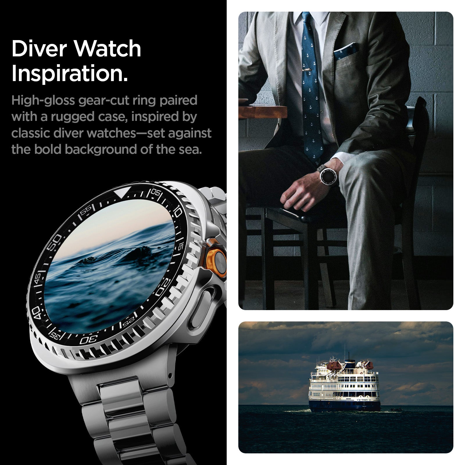 ACS10016 - Galaxy Watch 8 Bezel Tune Pro in black diver watch inspiration. high gloss gear cut ring paired with a rugged case, inspired by classic diver watches, set against he bold background of the sea.