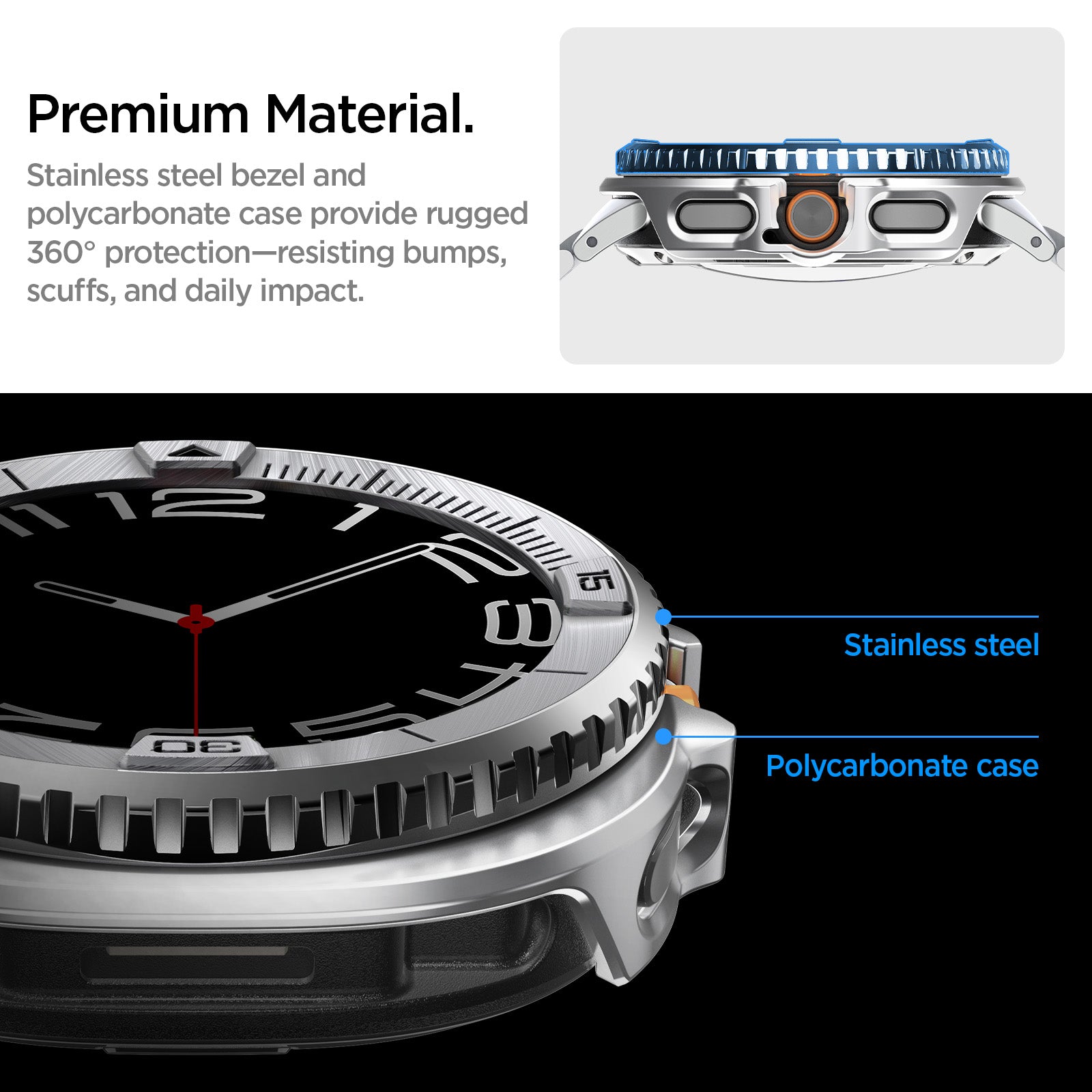 ACS10017 - Galaxy Watch 8 Bezel Tune Pro in sliver showing premium material, stainless steel bezel + durable pc case scratch and bump protection with full 360 coverage in and out of water