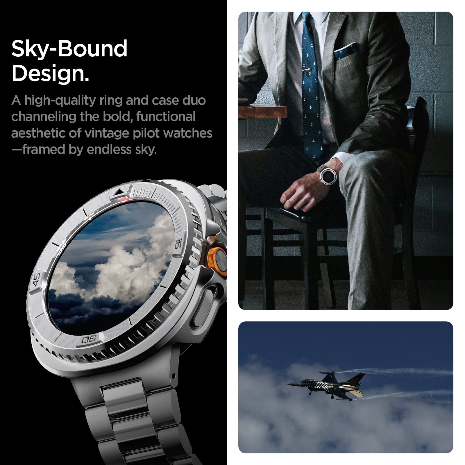 ACS10017 - Galaxy Watch 8 Bezel Tune Pro in sliver sky bound design. a high quality ring and case duo channeling the bold, functional aesthetic of vintage pilot watches framed by endless sky