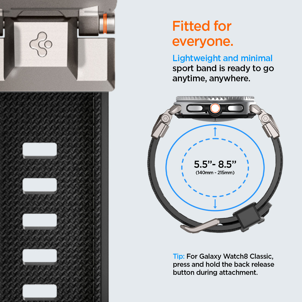 AMP10118 - Galaxy Watch 8 Series DuraPro Armor band in black showing fitted for everyone, lightweight and minimal.