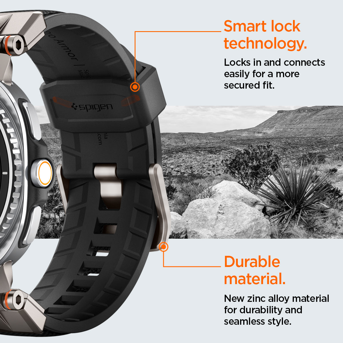 AMP10118 - Galaxy Watch 8 Series DuraPro Armor band in black showing the durable material and smart lock technology