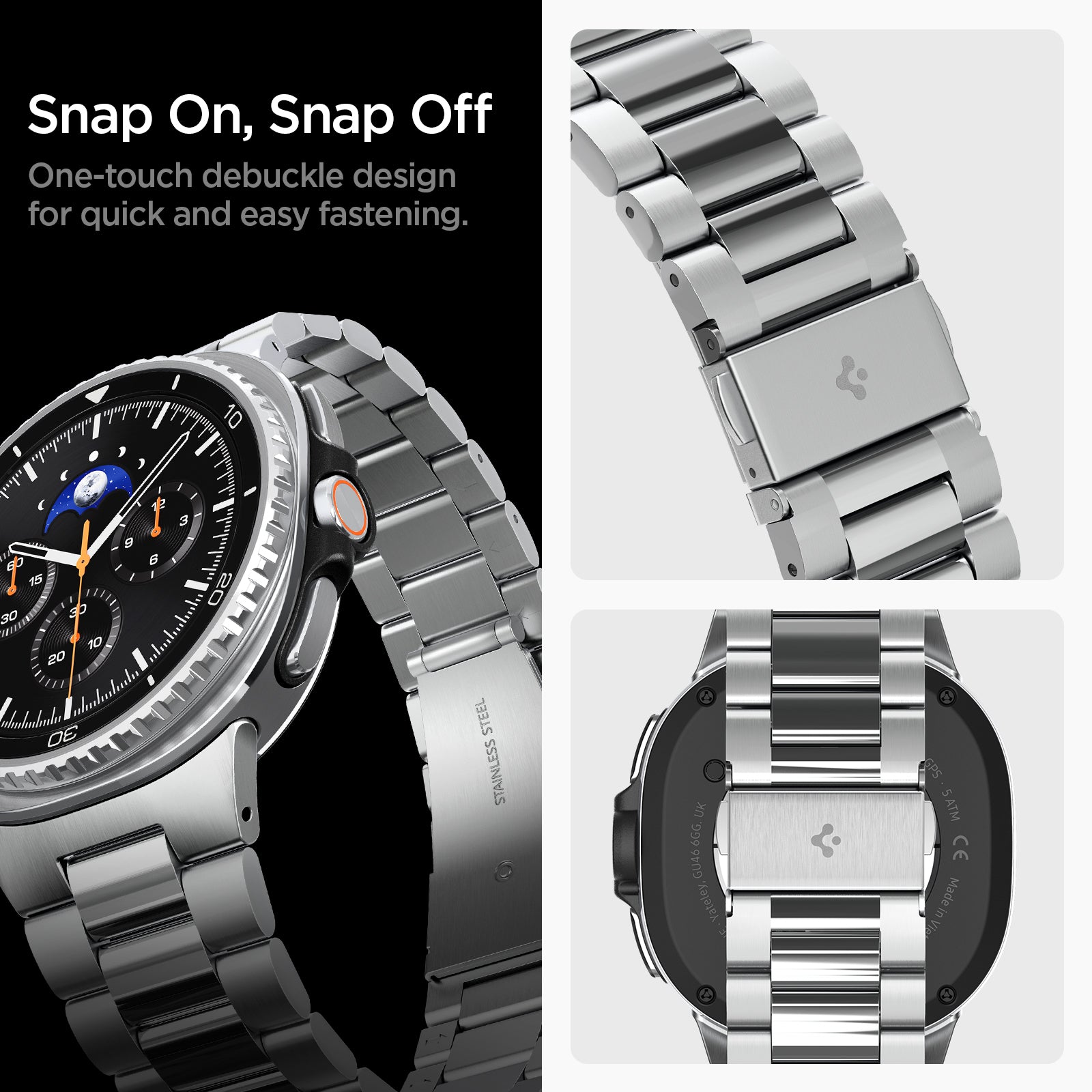AMP10120 - Galaxy Watch 8 Series - Modern Fit 316L Band showing snap on, snap off