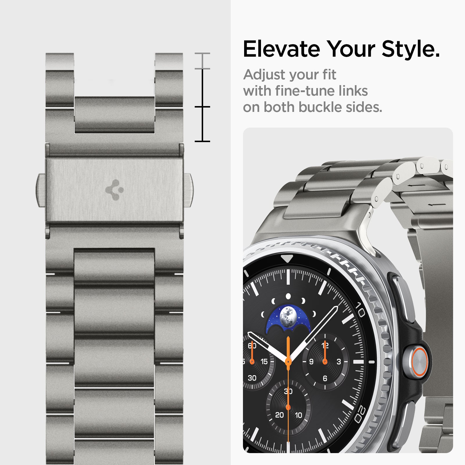 AMP10122 - Galaxy Watch 8 Series Modern Fit Titanium showing elevate your style. adjust your fit with fine tune links on both buckle sides