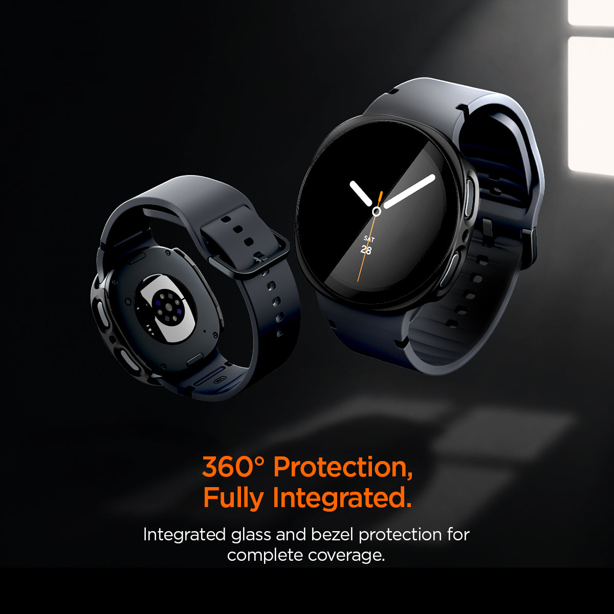 ACS11601 - Galaxy Watch 9 (44mm) Thin Fit 360 showing two Galaxy Watch 9 (44mm) cases floating with 360 degree glass and bezel protection highlighted