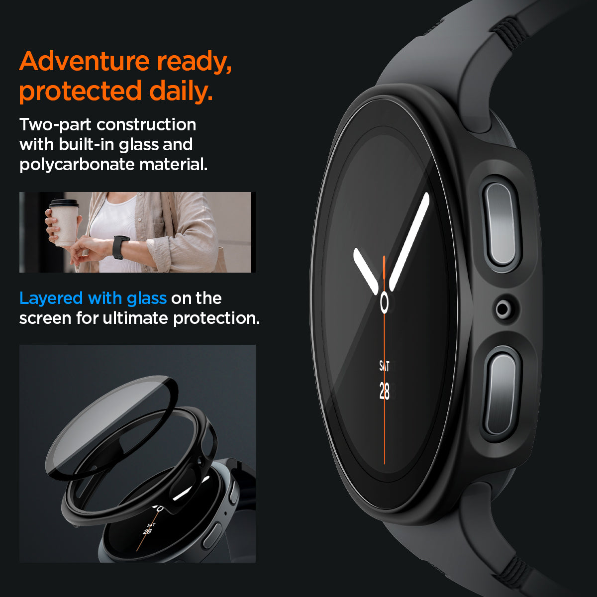 ACS11601 - Galaxy Watch 9 (44mm) Thin Fit 360 showing Galaxy Watch 9 (44mm) case side profile with built-in glass layers, worn while holding coffee