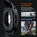 ACS11601 - Galaxy Watch 9 (44mm) Thin Fit 360 showing Galaxy Watch 9 (44mm) case back with open sensor cutout, plus a cyclist and a runner wearing it