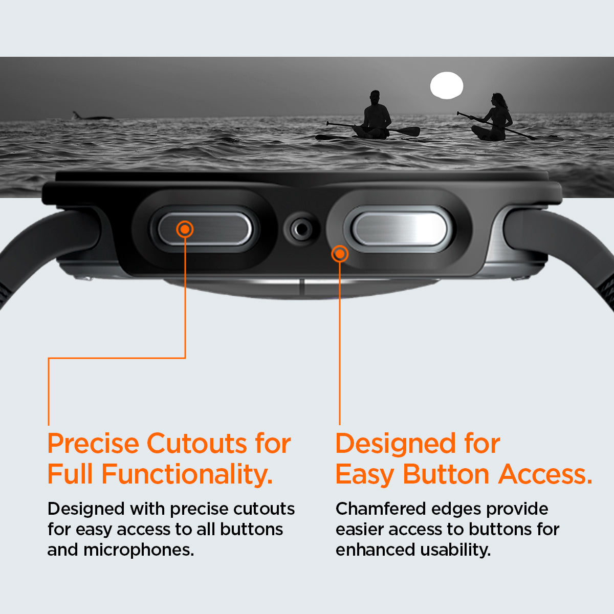 ACS11601 - Galaxy Watch 9 (44mm) Thin Fit 360 showing Galaxy Watch 9 (44mm) case bottom edge with button cutouts, plus two people paddleboarding