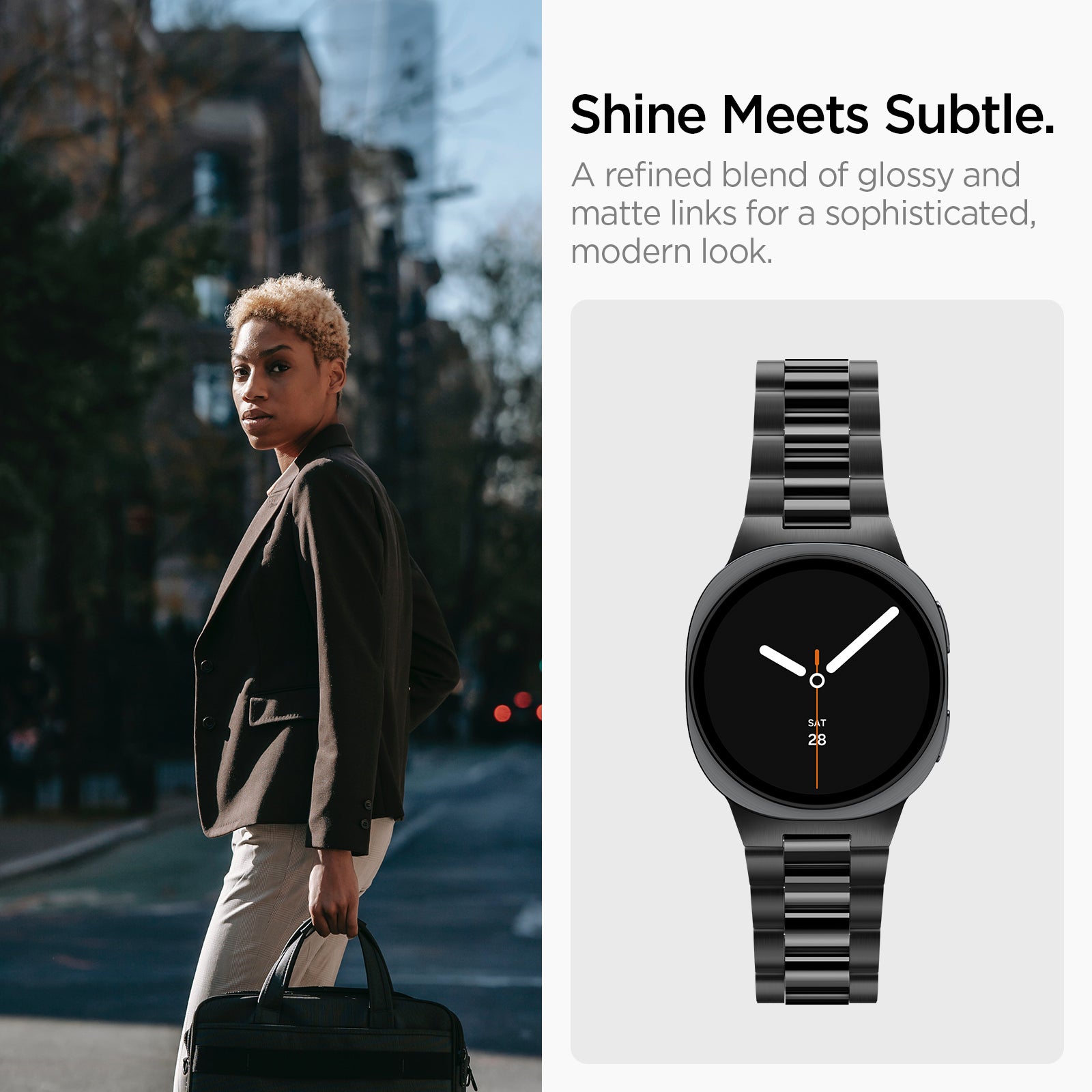 AMP11608 - Galaxy Watch 9 Series - Modern Fit 316L Band showing a woman walking outdoors beside the Galaxy Watch 9 watch with glossy and matte metal link band 