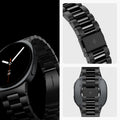 AMP11608 - Galaxy Watch 9 Series - Modern Fit 316L Band showing Galaxy Watch 9 watch face angled with metal band, clasp close-ups, and the watch back with band
