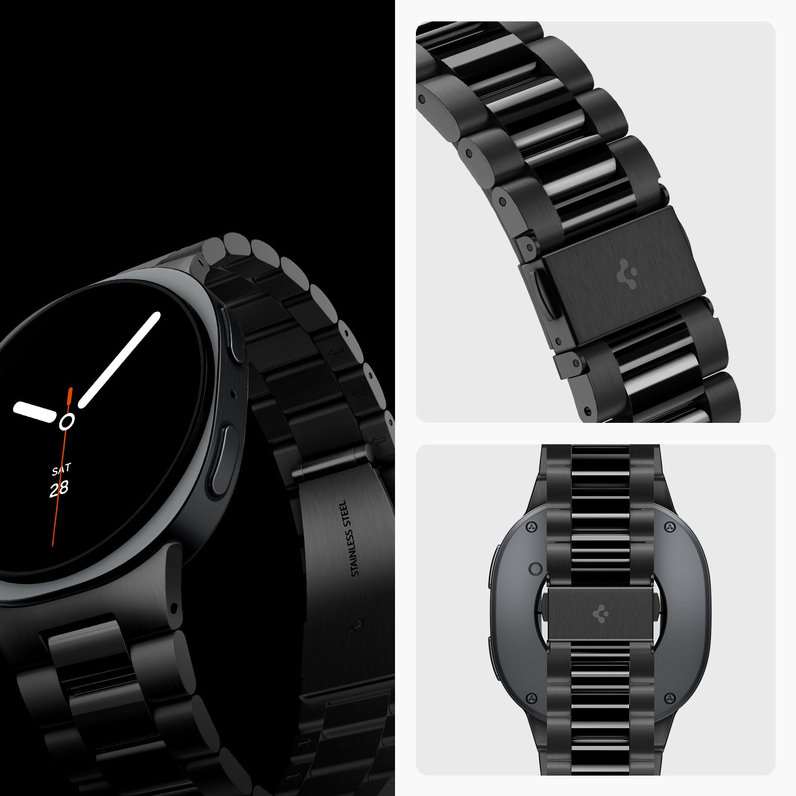 AMP11608 - Galaxy Watch 9 Series - Modern Fit 316L Band showing Galaxy Watch 9 watch face angled with metal band, clasp close-ups, and the watch back with band