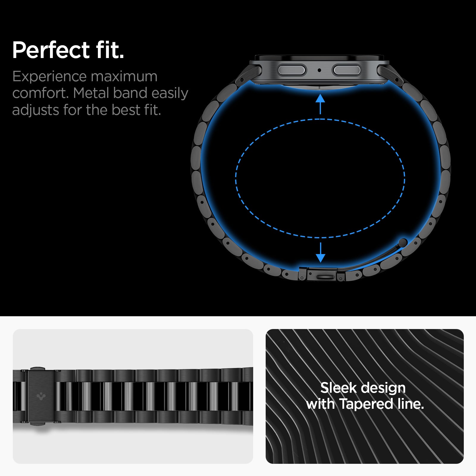 AMP11608 - Galaxy Watch 9 Series - Modern Fit 316L Band showing Galaxy Watch 9 metal band fit diagram, a close-up of the links, and the tapered band design