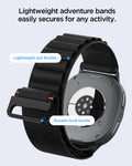 AMP11607 - Galaxy Watch 9 Series WBF1 showing Galaxy Watch 9 band close-up with callouts for lightweight flexible material and durable hook buckle