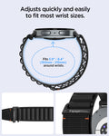 AMP11607 - Galaxy Watch 9 Series WBF1 showing Galaxy Watch 9 band loop fit range for wrists with close-up views of the strap and buckle