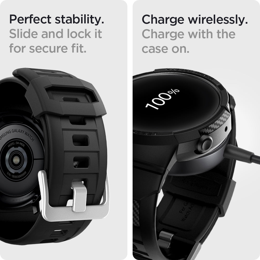 ACS02066 - Galaxy Watch Active 2 (44mm) Case Rugged Armor Pro in black perfect stability slide and lock it for secure fit. charge wirelessly. charge with the case on.