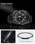 ACS11617 - SWUb Bezel Tune Black showing SWUb bezel ring exploded over the watch, a macro edge shot, and the ring with gear wheel edge