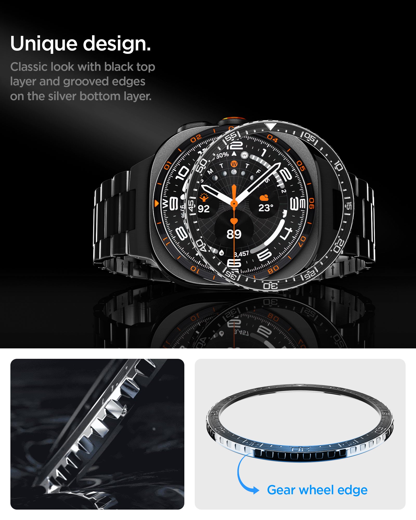 ACS11617 - SWUb Bezel Tune Black showing SWUb bezel ring exploded over the watch, a macro edge shot, and the ring with gear wheel edge