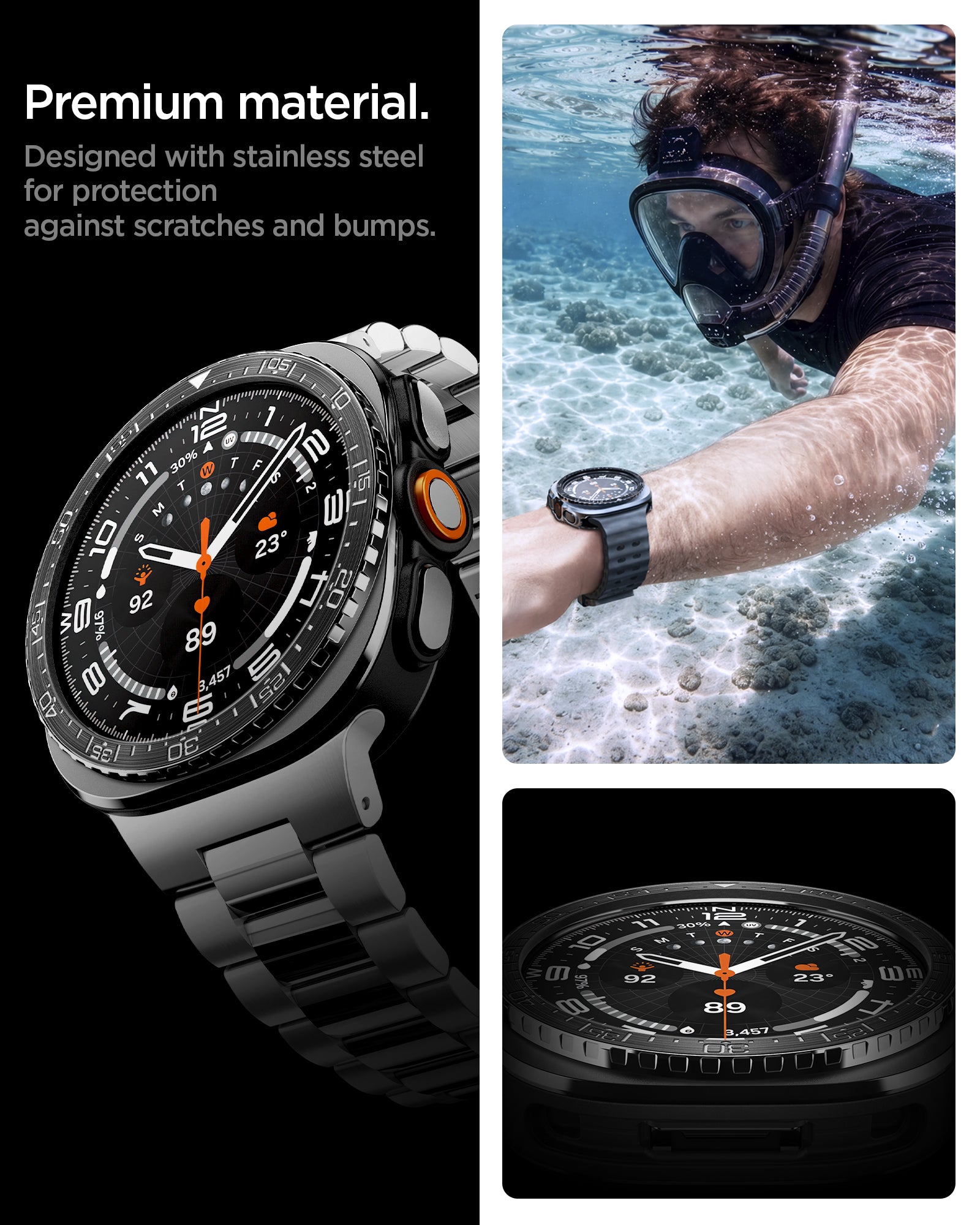 ACS11617 - SWUb Bezel Tune Black showing SWUb bezel ring close-up, a snorkeler wearing the watch underwater, and a top-down view