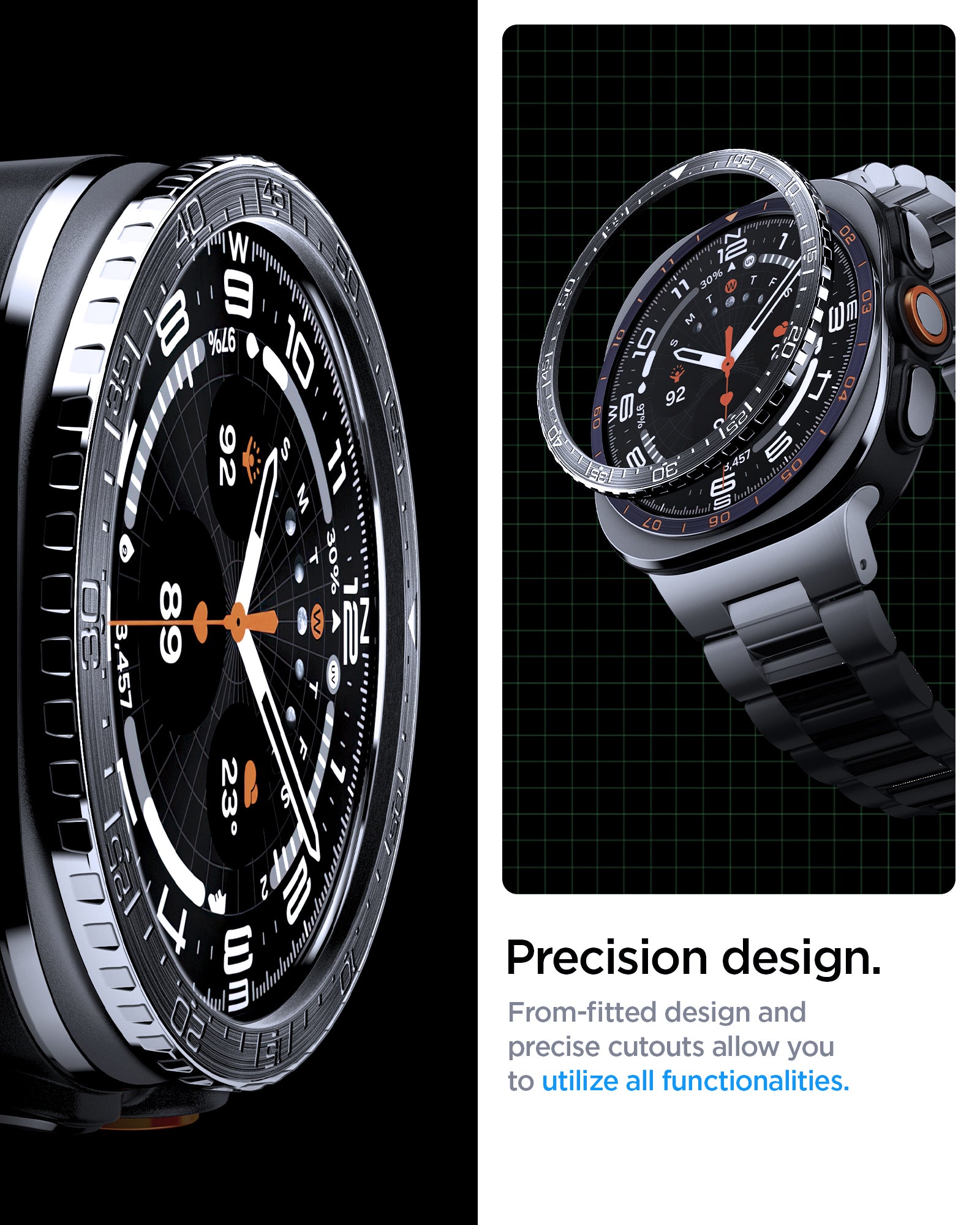 ACS11617 - SWUb Bezel Tune Black showing close-up side profile of SWUb bezel ring and an exploded view over the watch on a grid