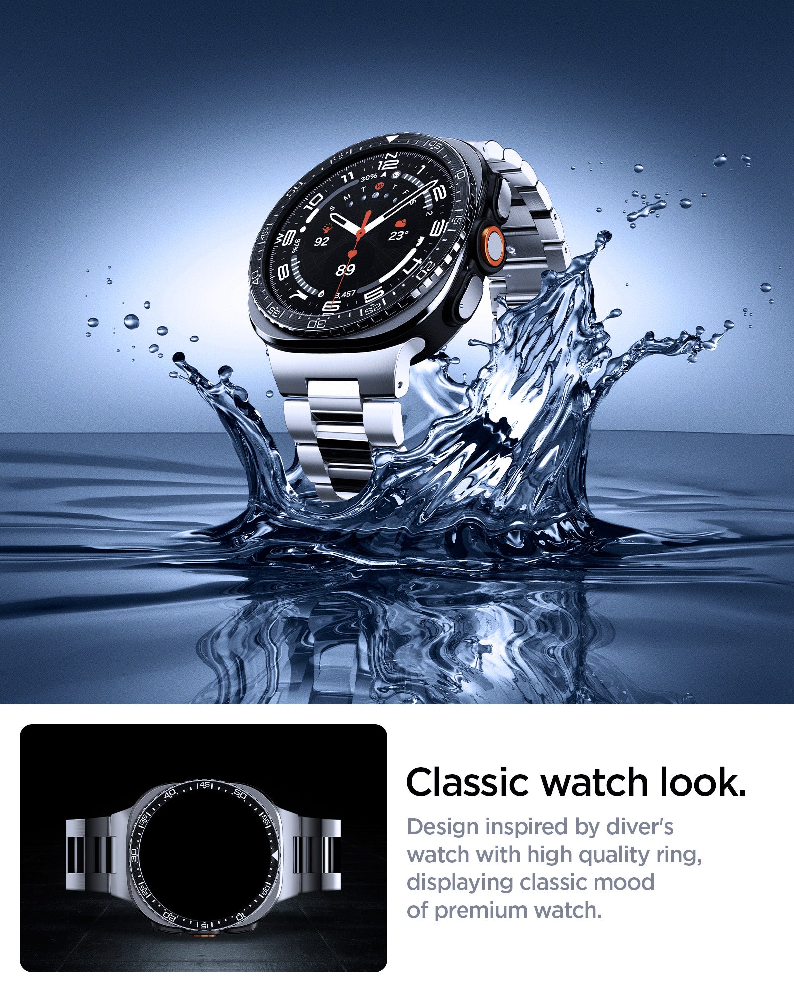 ACS11617 - SWUb Bezel Tune Black showing SWUb bezel ring splashing in water on the watch, plus the ring alone with the band