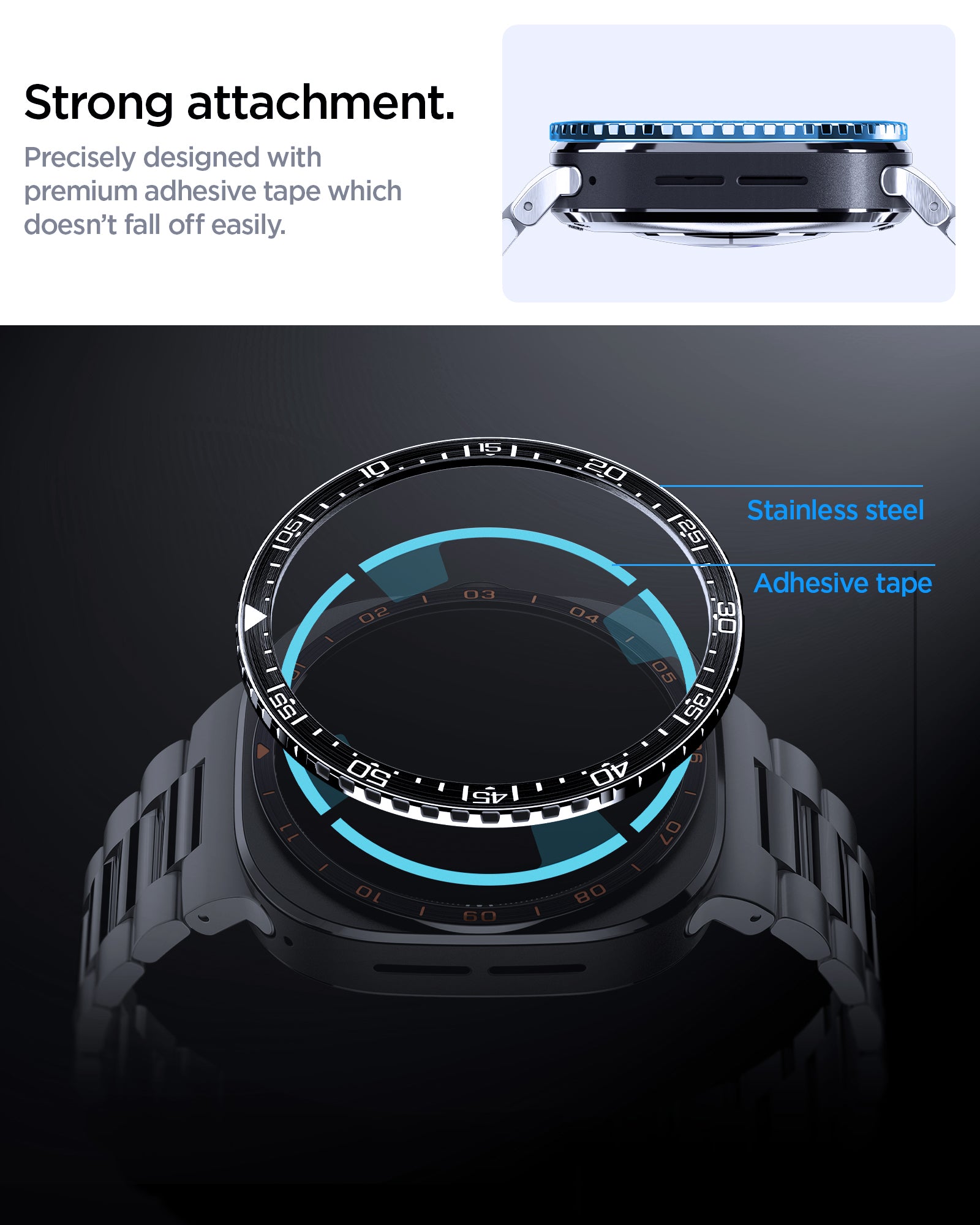 ACS11617 - SWUb Bezel Tune Black showing SWUb bezel ring side profile with adhesive tape and an exploded labeled diagram