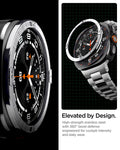ACS11616 - SWUb Bezel Tune Silver showing close-up of SWUb bezel ring edge and an exploded view over the watch on a grid background