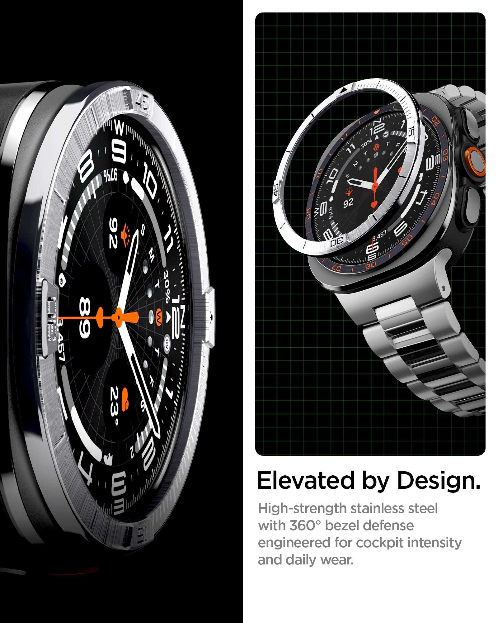 ACS11616 - SWUb Bezel Tune Silver showing close-up of SWUb bezel ring edge and an exploded view over the watch on a grid background