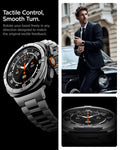 ACS11616 - SWUb Bezel Tune Silver showing SWUb bezel ring close-up on the watch, a man wearing it in a suit, and a top-down view