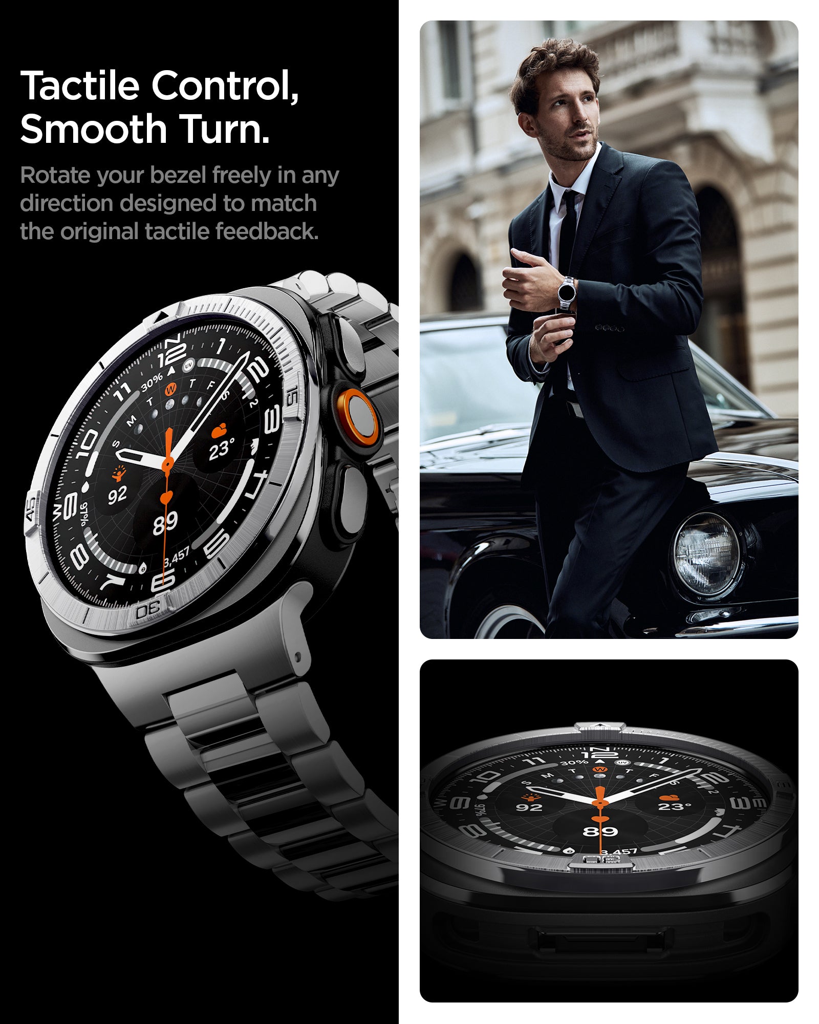 ACS11616 - SWUb Bezel Tune Silver showing SWUb bezel ring close-up on the watch, a man wearing it in a suit, and a top-down view