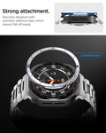 ACS11616 - SWUb Bezel Tune Silver showing SWUb bezel ring side profile with adhesive tape and an exploded view over the watch