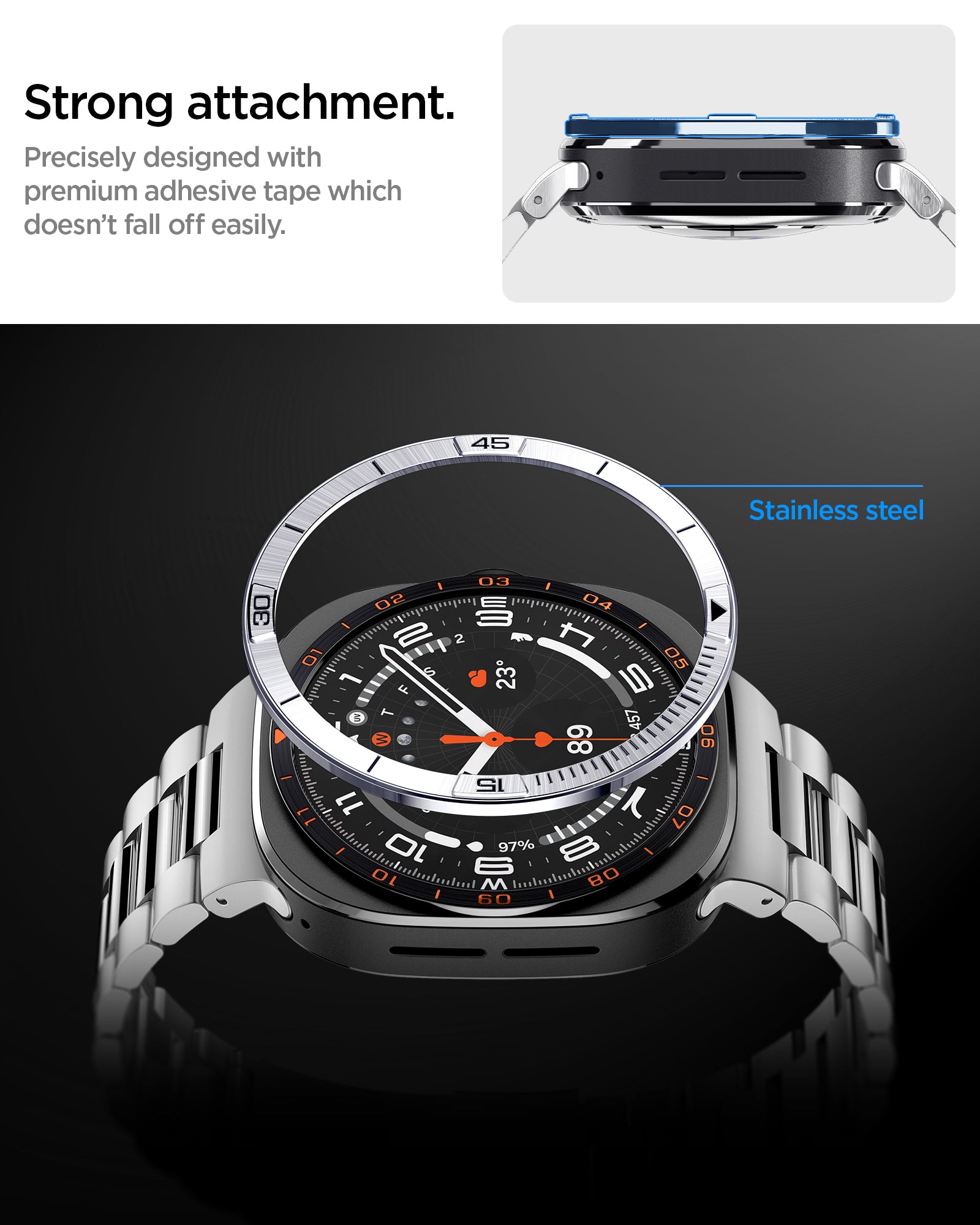 ACS11616 - SWUb Bezel Tune Silver showing SWUb bezel ring side profile with adhesive tape and an exploded view over the watch