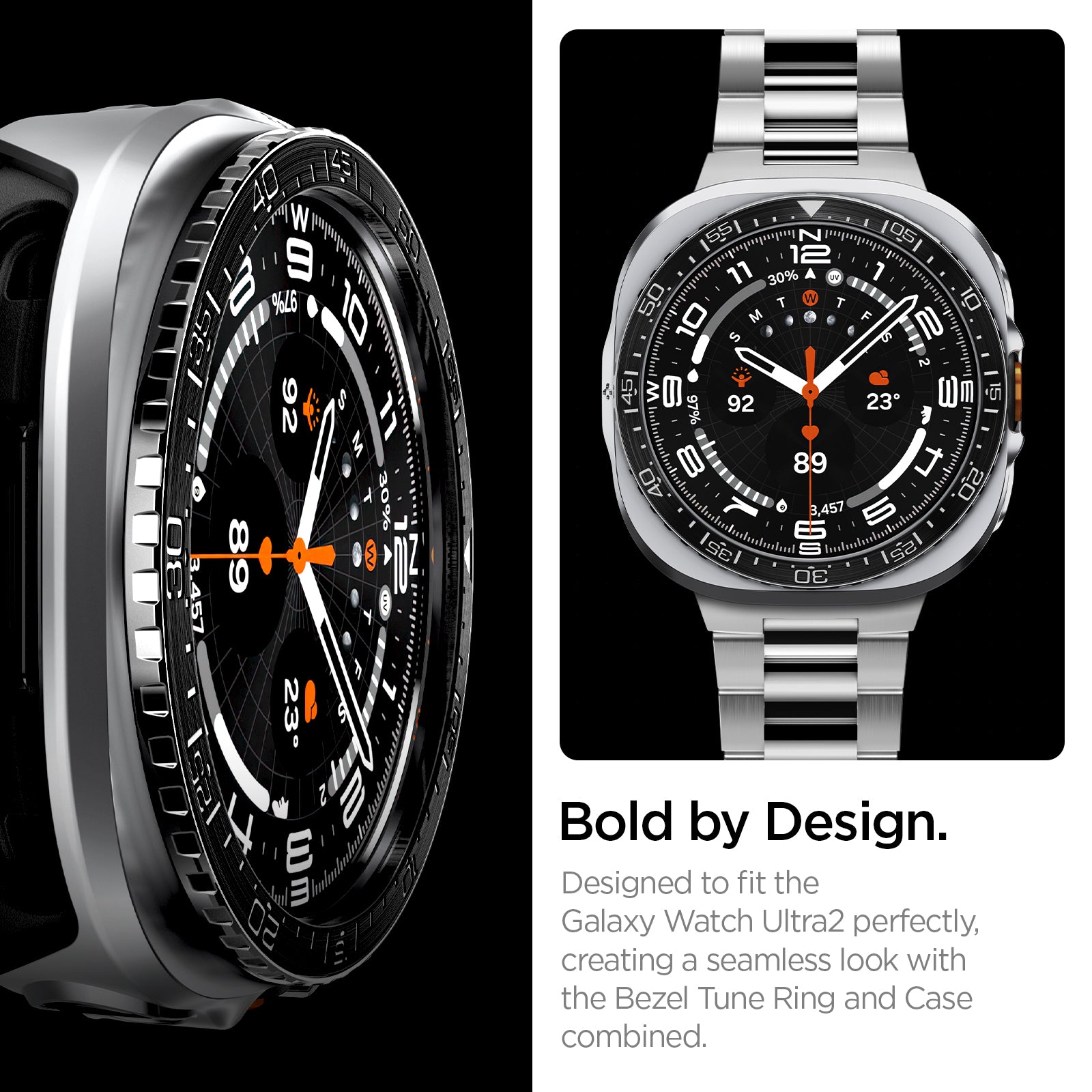 ACS11619 - SWUb Bezel Tune Pro Black showing close-up of SWUb bezel ring and a full product shot fitted to the watch