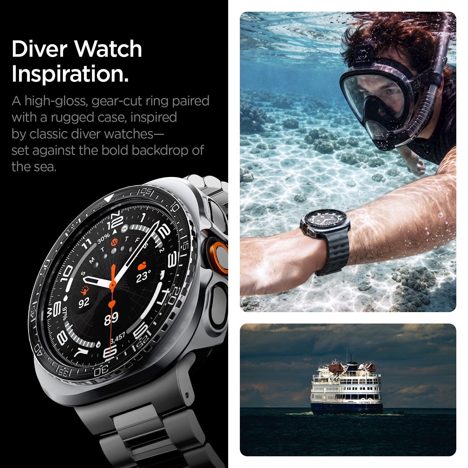 ACS11619 - SWUb Bezel Tune Pro Black showing SWUb bezel ring close-up, a snorkeler wearing the watch underwater, and a cruise ship