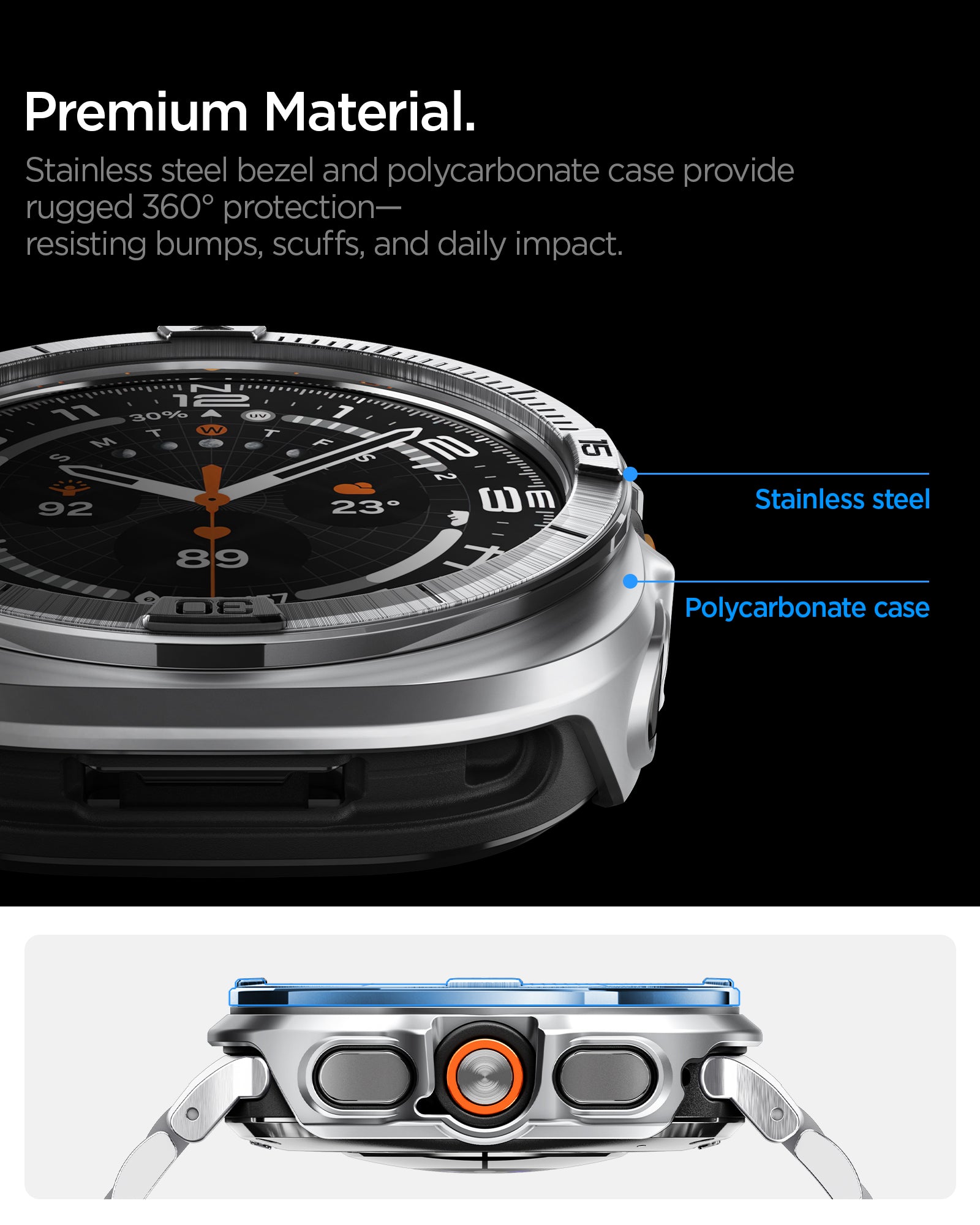 ACS11618 - SWUb Bezel Tune Pro Silver showing close-up of SWUb bezel ring side profile labeled stainless steel and polycarbonate case