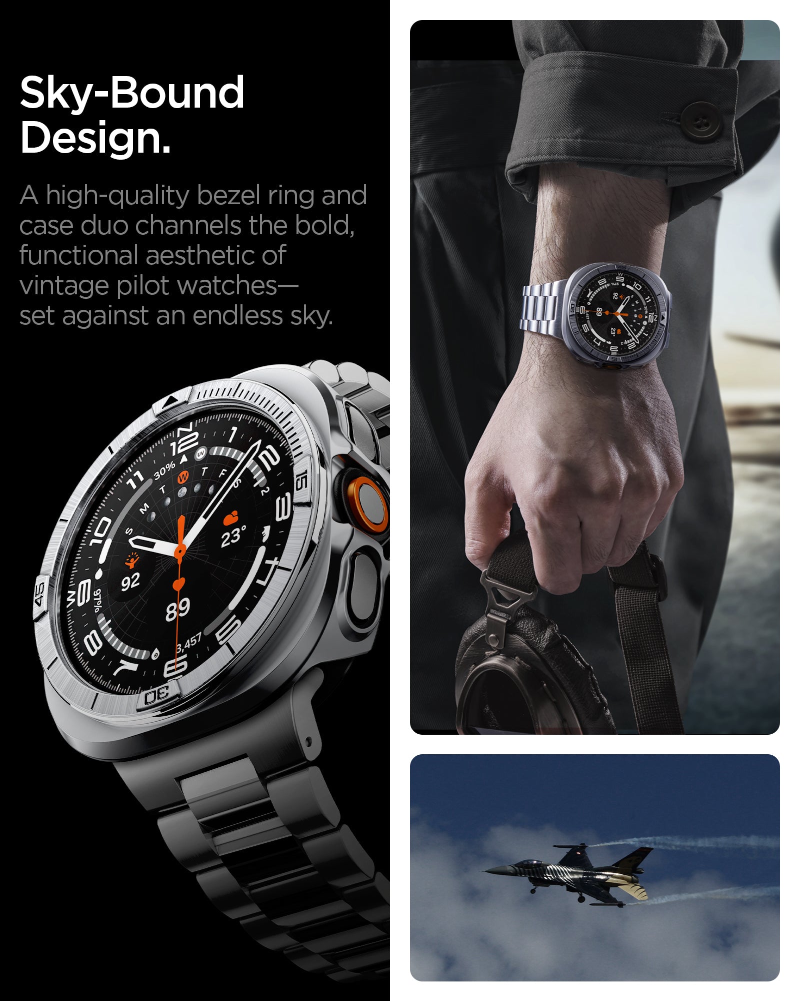 ACS11618 - SWUb Bezel Tune Pro Silver showing SWUb bezel ring close-up, a man wearing the watch with pilot gear, and a fighter jet