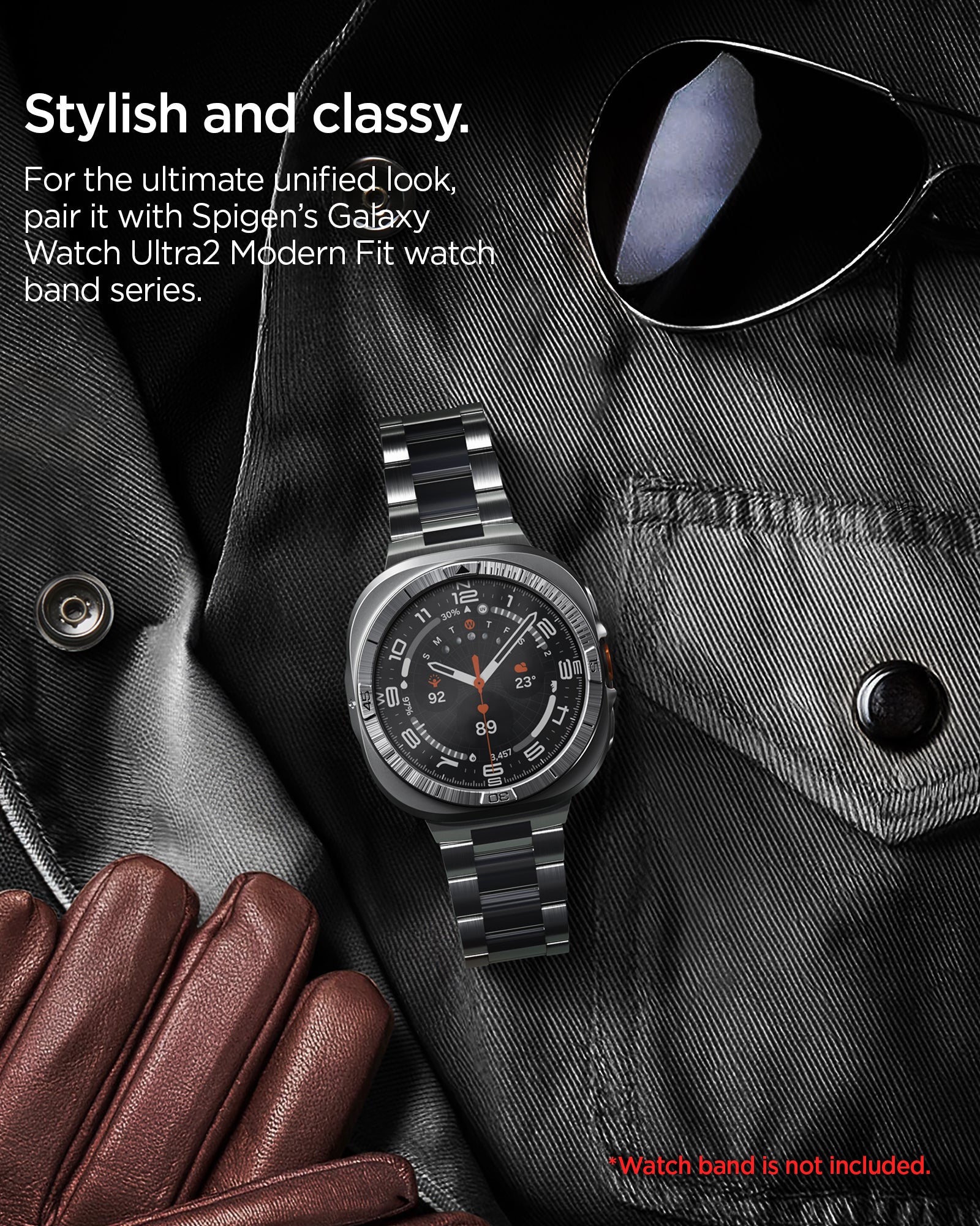 ACS11618 - SWUb Bezel Tune Pro Silver showing SWUb bezel ring on a watch laid on a leather jacket with sunglasses and gloves nearby