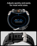 AMP11615 - Galaxy Watch Ultra Series - DuraPro Armor showing the adjustable range of the DuraPro Armor band, top-down view of the watch with size markers alongside a close-up of the buckle clasp.