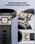 AMP11615 - Galaxy Watch Ultra Series - DuraPro Armor showing close-up views of the DuraPro Armor band's stainless steel connectors attaching to the watch case.