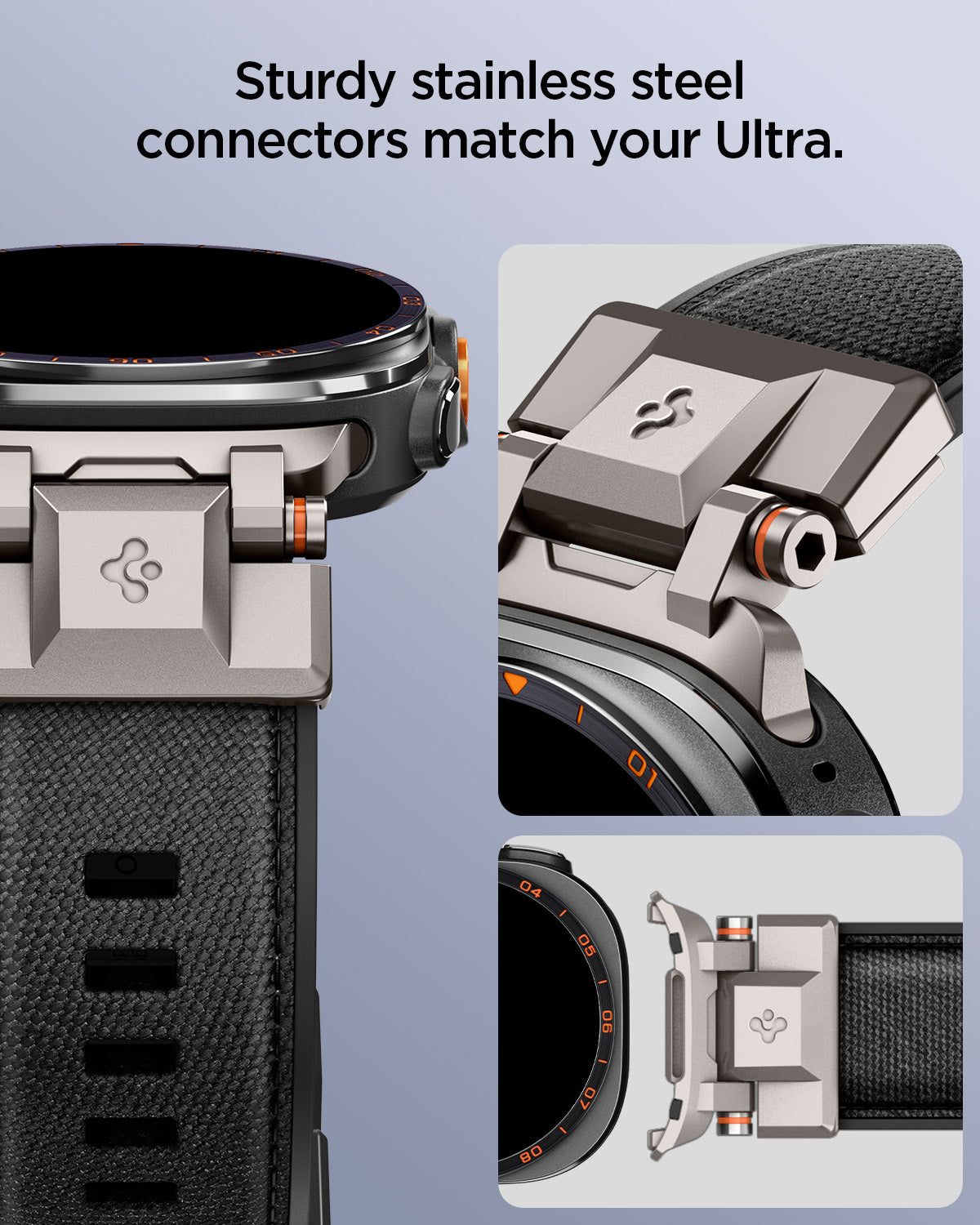 AMP11615 - Galaxy Watch Ultra Series - DuraPro Armor showing close-up views of the DuraPro Armor band's stainless steel connectors attaching to the watch case.