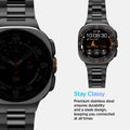 AMP11620 - SWUb Modern Fit 316L Band Black showing SWUb metal band close-up and full watch with band, plus stay classy stainless steel text