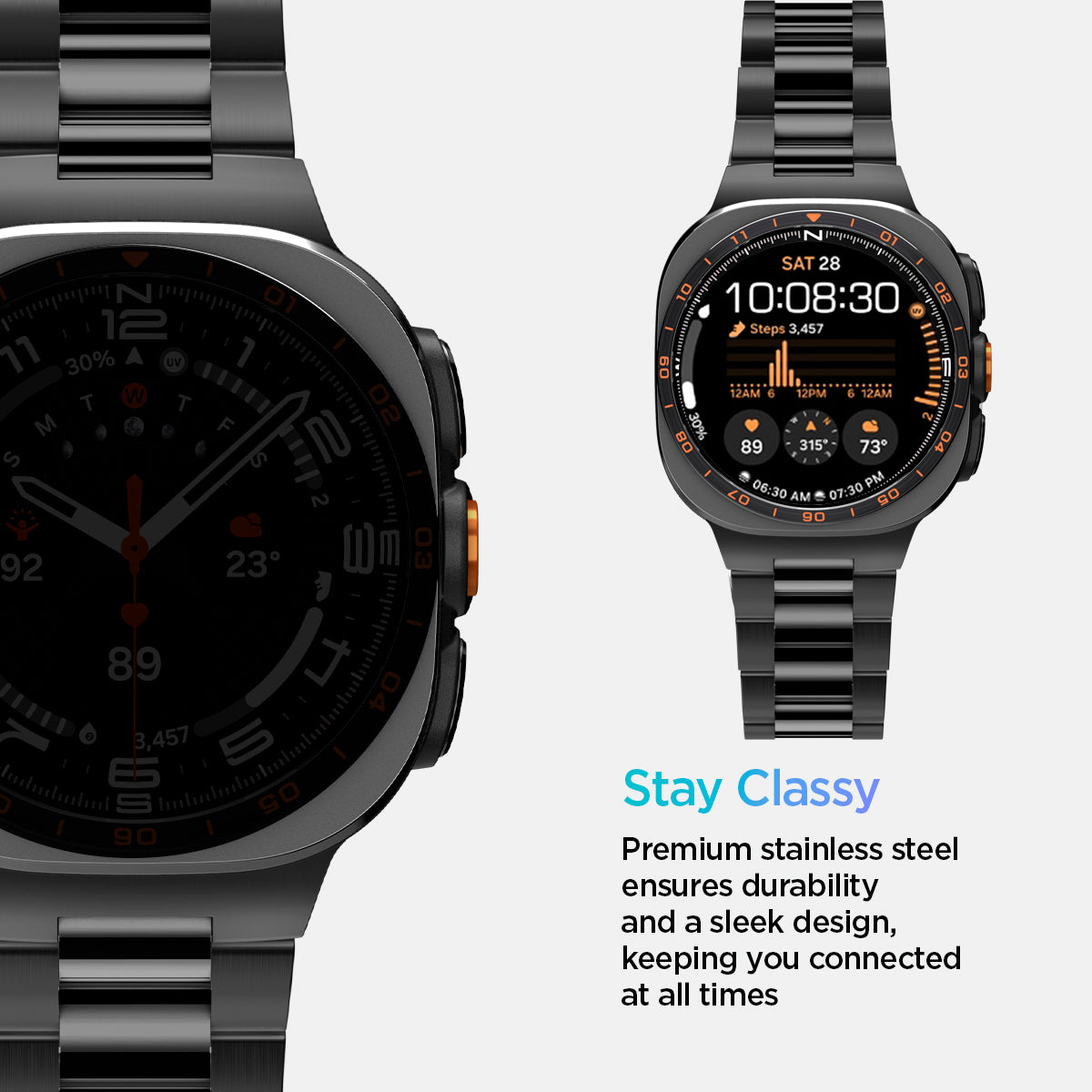 AMP11620 - SWUb Modern Fit 316L Band Black showing SWUb metal band close-up and full watch with band, plus stay classy stainless steel text
