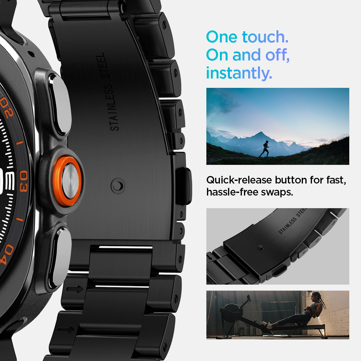 AMP11620 - SWUb Modern Fit 316L Band Black showing SWUb band quick-release button close-up, a runner, band engraving, and a rowing workout