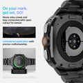 AMP11620 - SWUb Modern Fit 316L Band Black showing SWUb watch back sensor cutout, a camping tent under stars, and the watch on a charger
