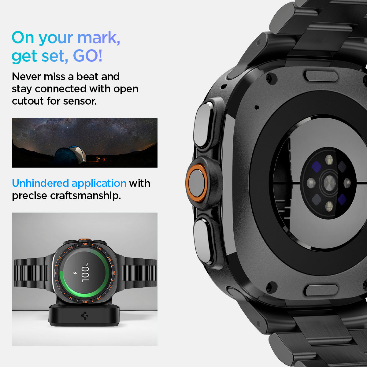 AMP11620 - SWUb Modern Fit 316L Band Black showing SWUb watch back sensor cutout, a camping tent under stars, and the watch on a charger