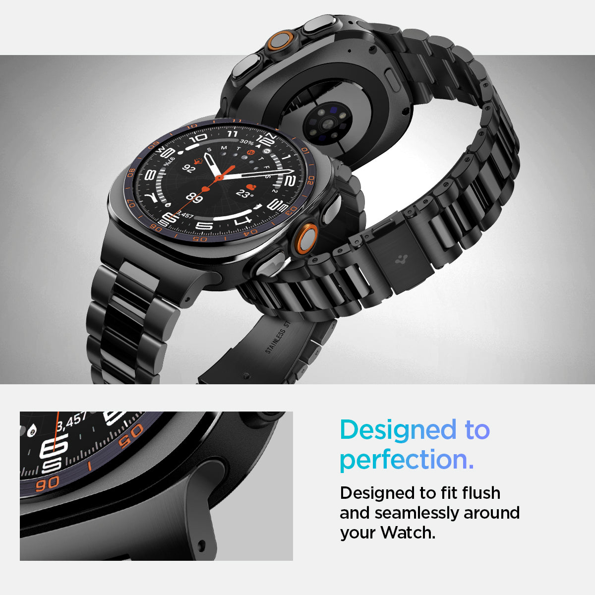 AMP11620 - SWUb Modern Fit 316L Band Black showing SWUb watch and metal band exploded view, plus a close-up of the case edge